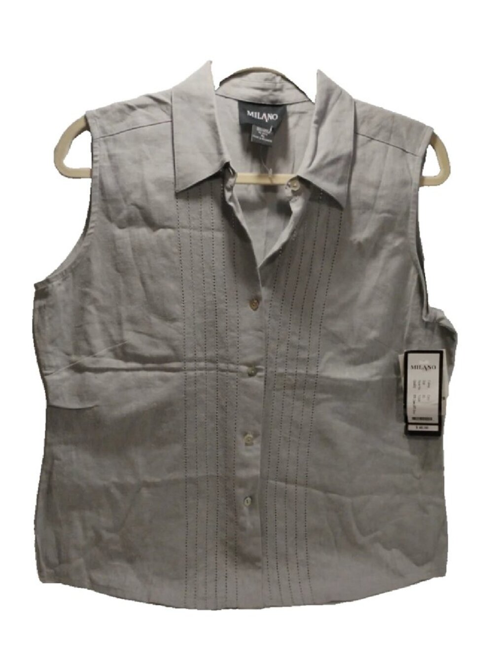Milano Womens Gray Linen Blend Blouse Button Down Sleeveless Top Size XL NWT
